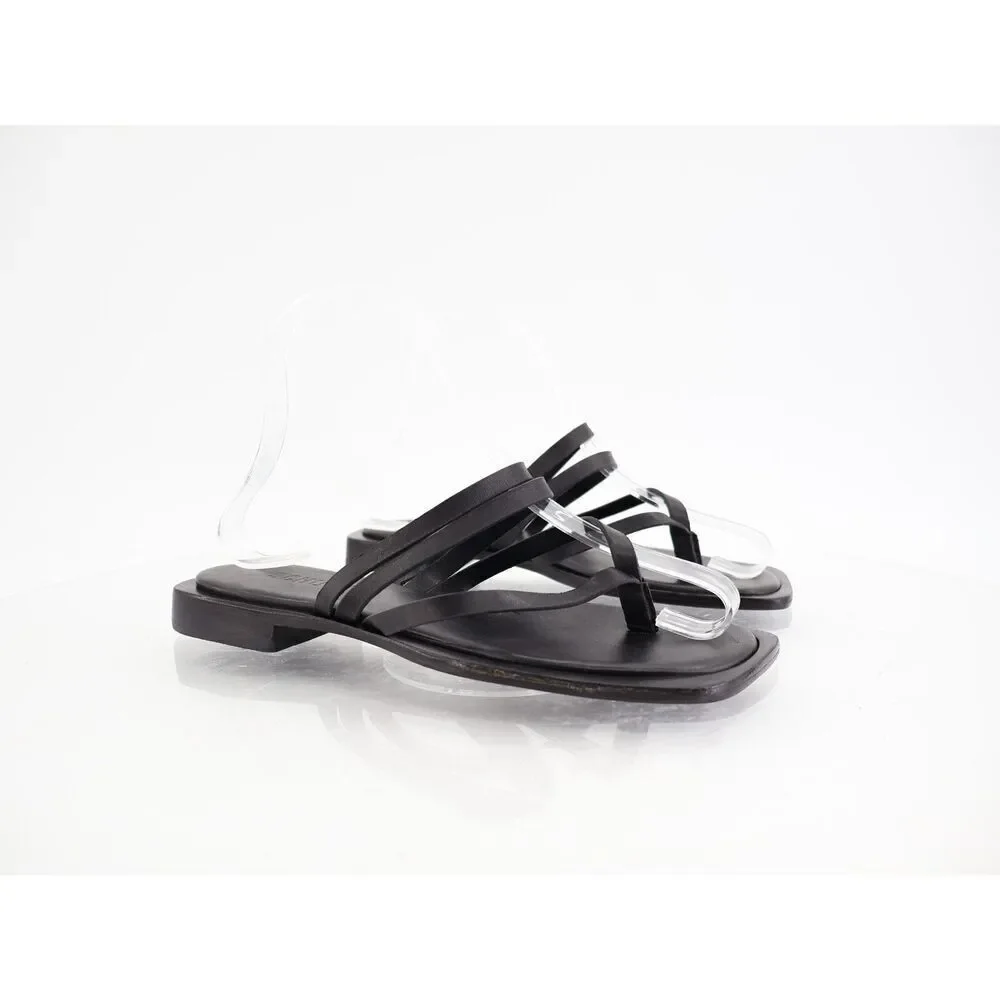 Schutz Rania Flat Sandals Womens Size 5.5 Black Leather Strappy Thong Slide